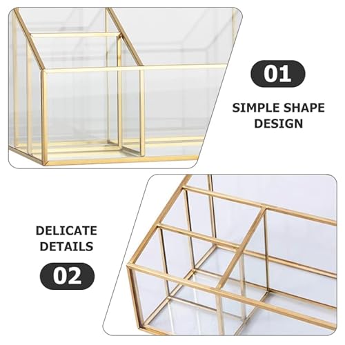Alipis Glass Makeup Organizer with Gold Trim, Multi-Functional Cosmetic Storage Case for Vanity, Lipstick, Jewelry, Makeup Brush, Eyeliner Holder, 7.67 X 5.70 X 5.11 Inches