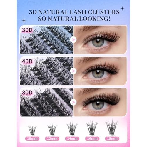 AKOIIN D-Curl Lash Clusters Kit, 480pcs Cluster Eyelash Extensions with Bottom Lashes, 3D Wispy Natural Eyelashes, (30D 40D 80D Mixed, 10-18mm), Includes Bond, Seal, Remover & Tweezer for Beginners