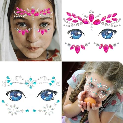 Kids Festival Face Jewels Gems ? 4 Pack Sparkly Face Stickers & Crystal Temporary Tattoos ? Fun Rhinestone Makeup for Girls for Halloween, Birthday, Christmas & Dress-Up Play