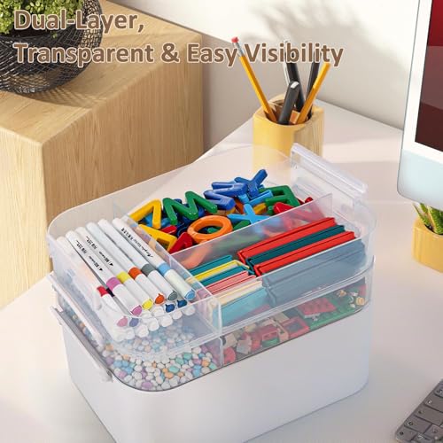 White 3-Layer Plastic Craft Organizer Box with Removable Trays, Handle, 10.6x7.6x9 in