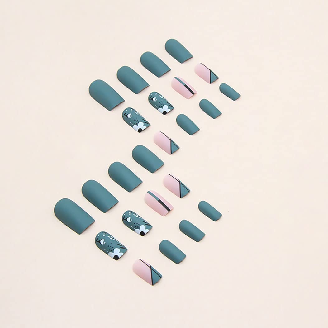 RikView Square Press on Nails Medium Fake Nails Green Nails Matte Nails for Women Full Cover Nails 24 PCs/Set