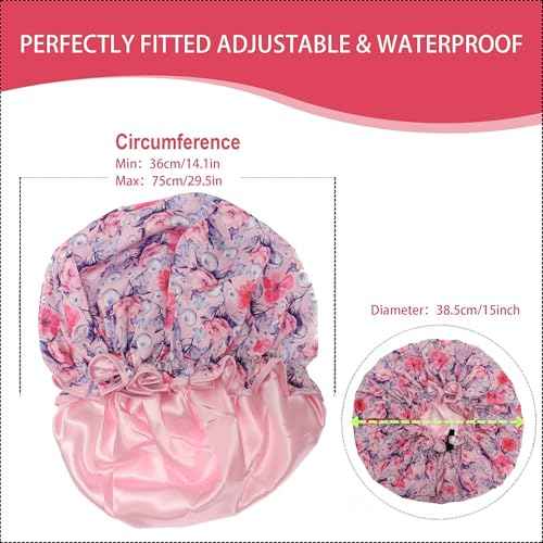 Extra Large Luxury Shower Cap for Women Reusable Waterproof, Double Layered Shower Caps for Long Hair with Adjustable Elastic Strap, Large Satin Lined Shower Bath Cap for All Hair Lengths