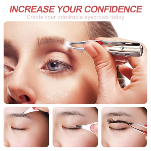 Tatuo 6 Pcs Light Stainless Steel Tweezers with LED, Makeup Eyelash Eyebrow Hair Removal Illuminating Lighted Tweezers for Precision Men Women(Red, Purple, Dark Blue)