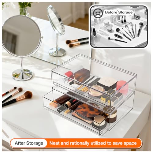 Clear Stackable Storage Drawers,2 Pack Plastic Organizers Bins for Makeup Organizer,Bathroom Makeup Organizer for Palettes,Cosmetic, and Beauty Supplies,Ideal for Vanity, Cabinet,Desk Organization