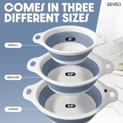 Gevoli Collapsible Colanders 3-Pack with Over-Sink Draining Base