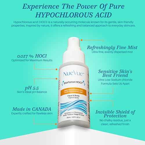 BioForce HOCl - Pure Hypochlorous Acid Spray for Face Travel Size Toner & Cleanser - Made in Canada - Acne-Prone Skin & Eczema, Piercing aftercare, pH Balanced, Non-comedogenic - NueVue (2.3 oz)