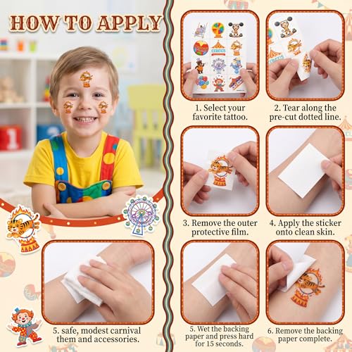 96 Carnival Temporary Tattoos for Kids - Colorful Fairground Designs
