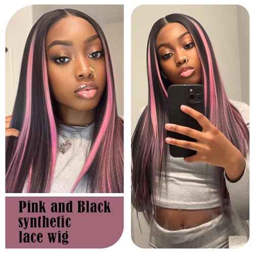 X-TRESS Highlight Pink and Black Wig 13x4x1 HD Lace Front Wigs Pre-plucked with Baby Hair 26Inch Straight Synthetic for white Women black Pink Highlight T-part Lace Halloween Wigs