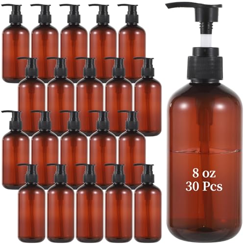 30 PCS Amber Empty Lotion Bottles with Pump - 8 oz/250ml Refillable Plastic Pump Bottles Hand Dish Dispenser Portable Travel Lotion Container for Shampoo, Conditioner, Cream, Liquid