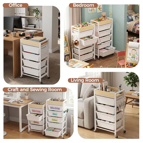 Time Forest White 6-Tier Rolling Cart with 5 Drawers, Wooden Top & Pegboards