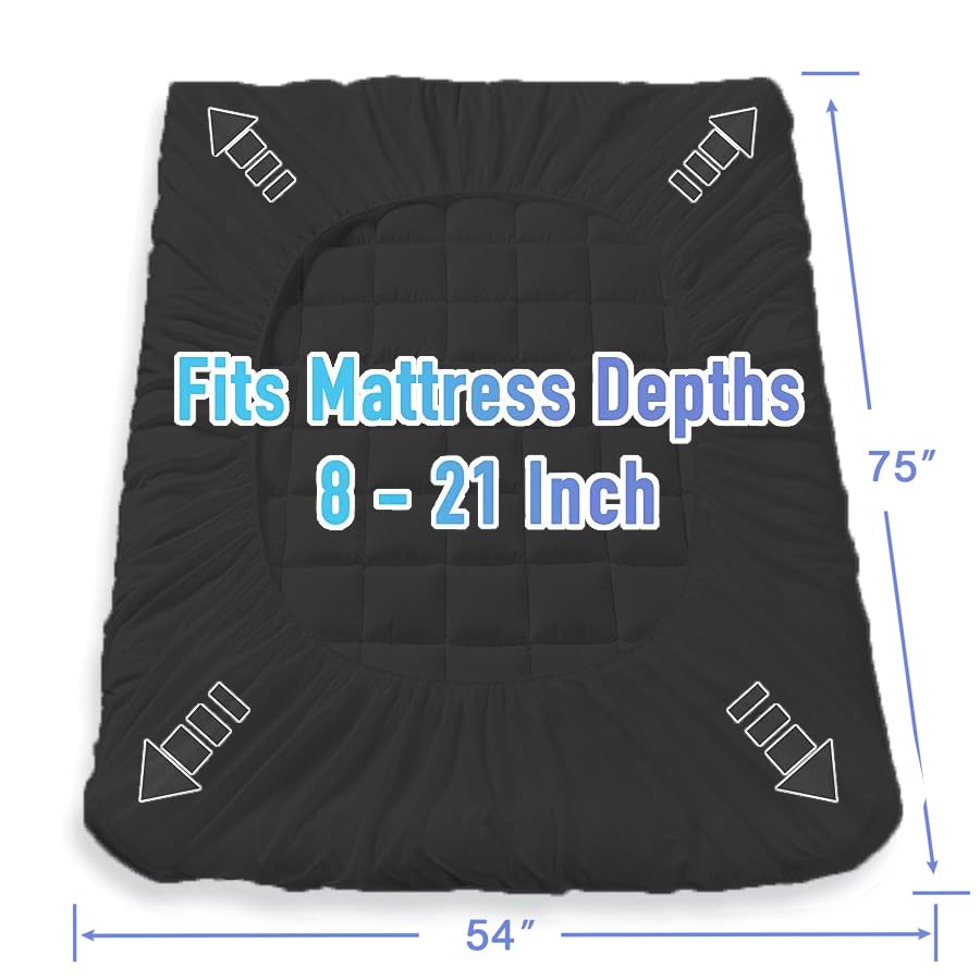 MATBEBY Bedding Quilted Fitted Twin XL Mattress Pad Cooling Breathable Fluffy Soft Mattress Pad Stretches up to 21 Inch Deep, Twin XL Size, Black, Mattress Topper Mattress Protector