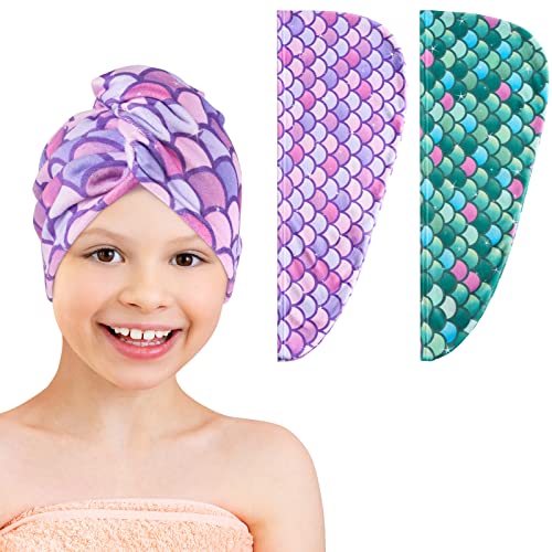 WAWSAM 2 Pack Kids Hair Drying Towels Girls Unicorn Wet Hair Towel Quick Dry Twisty Hair Towels (Green + Purple Mermaid)