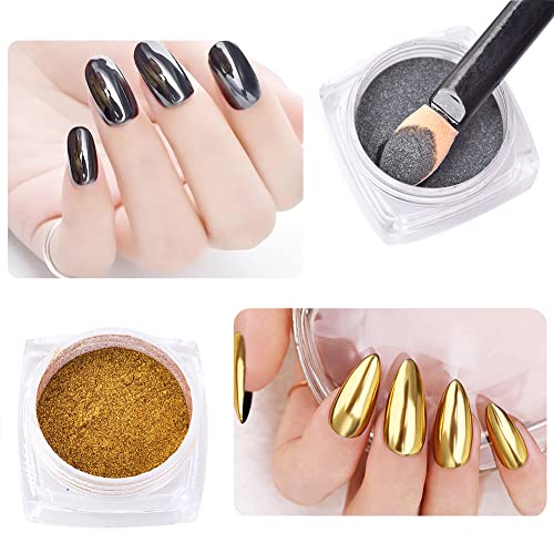 Black Mirror Powder Metallic Chrome Powder,2 Jars Gold Black Nail Art Mirror Glitter Effect Chrome Pigment Powder Dust Manicure Tips with Sponge Applicators