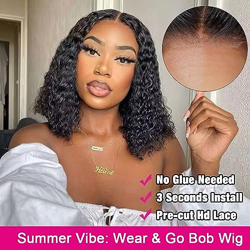 GOLFMAX Wear and Go Glueless Wigs Human Hair Pre Plucked Pre Cut Short Bob Wigs With Elastic Band For Black Women Deep Wave Curly 4x4 Closure Wig Water Wave Wigs Human Hair 12 Inch