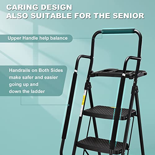 HBTower 5 Step Ladder with Handrails, Folding Step Stool with Tool Platform, 330 LBS Portable Steel Ladder for Adults for Home Kitchen Library Office, Black