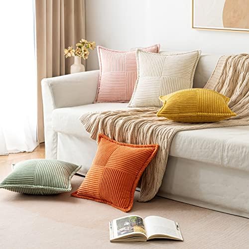 MIULEE Corduroy Pillow Covers with Splicing Set of 2 Super Soft Boho Striped Pillow Covers Broadside Decorative Textured Throw Pillows for Spring Couch Cushion Livingroom 22x22 inch, Beige