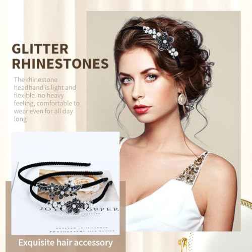 Lawie 8 Pack Rhinestone Flower Butterfly Bowknot Crown Rhinestone Jeweled Sparkly Black Metal Headbands Velvet Covered Thin Hair Bands with Teeth Non Slip Hair Clasp Holder Accessories for Women Girls