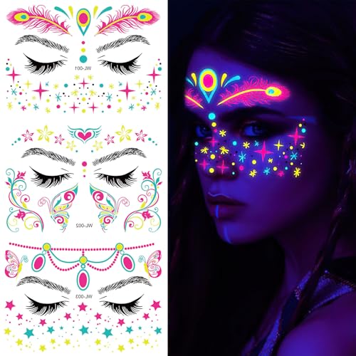 Glow in the Dark Face Tattoo Stickers - 8 Fluorescent Designs