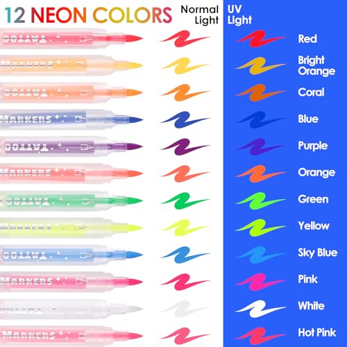 DAGEDA UV Glow Body Paint Pens - 12 Colors with Double Tip