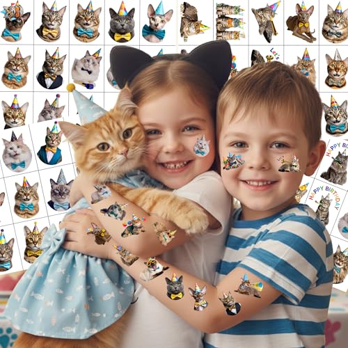 Cat Temporary Tattoos | Birthday Cat Birthday Party Decorations Party Favors Supplies Accessories D?cor Stickers Gift Idea For Kids Teen Boy Girl Adult 60Pcs 4 Sheets Pre-cut