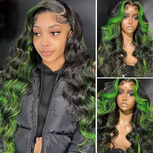 Missyvan Green Lace Front Wigs for Women Body Wave Lace Front Wigs Highlights Black with Green Streak Colorfull Long Wavy Skunk Stripe Glueless Wigs 26Inch Soft Hair Heat Resistant
