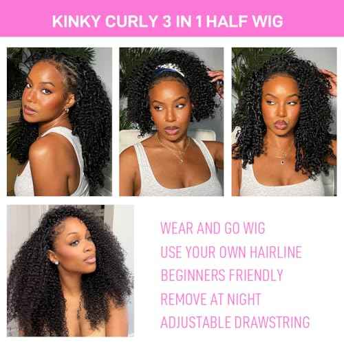 SKYDO Half Wig Human Hair 250 Density Kinky Curly Half Wigs 3 in 1 Seamless Flip Over Glueless Wigs Human Hair with Drawstring Beginner Friendly Curly Headband Wig for Women 24inch