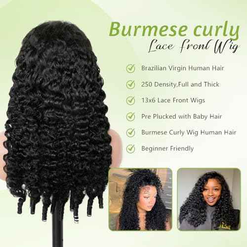 Burmese Curly Wig for Black Women 13x6 Lace Front Wigs Human Hair 250 Density HD Lace Frontal Human Hair Pre Plucked Water Wave Human Hair Wigs with Spiral End Natural Color 18inch