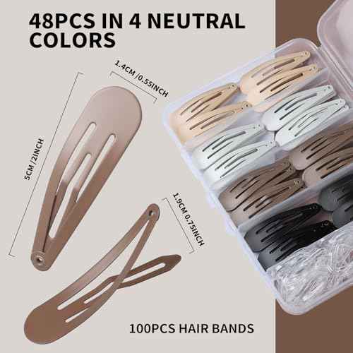 Teenitor 148pcs Snap Hair Clips, 48pcs Hair Barrettes Hair Clips 100pcs Hair Bands, Metal Hair Snap Clips for Women Girls, Barrettes for Women 4 Colors