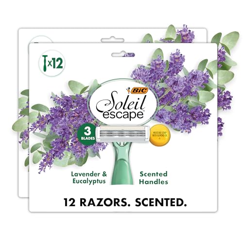BIC Soleil 3 Escape Women's Disposable 3 Blade Razors, Lavender & Eucalyptus Scented Handles with Soothing Moisture Strip, 12-Pack