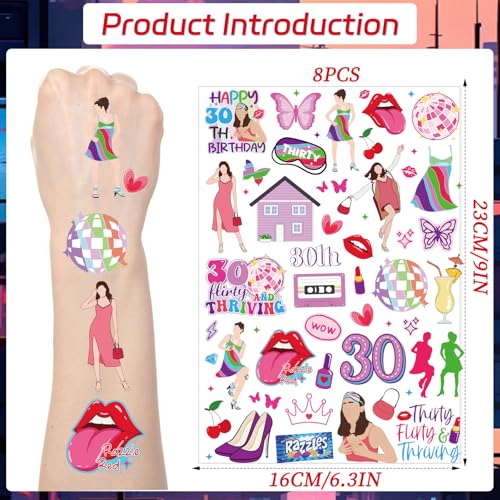 Thirty Flirty and Thriving Temporary Tattoos - Aposwow 200+ 30 Flirty and Thriving Birthday Decorations Favors Supplies 30th Birthday Themed Tattoo Stickers Gifts for Women Prizes Rewards