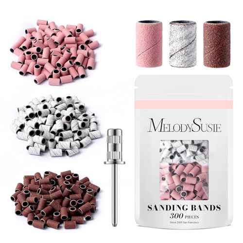 MelodySusie 300 Pcs Sanding Bands with Mandrel,120 Medium, 180 Fine, 240 Extreme Fine Grit, E-File Sand Piece Nail Drill Bits Set for Acrylic, Gel Removal, Manicures and Pedicures