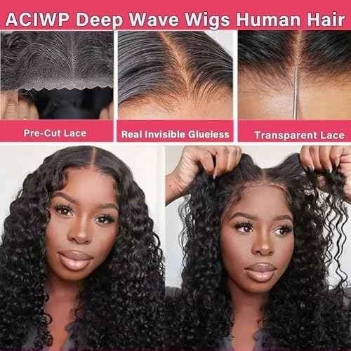 Glueless Wigs Human Hair Pre Plucked Pre Cut Wear and Go Deep Wave Lace Front Wigs Human Hair for Beginners Upgraded No Glue Pre Cut 5x5 Hd Lace Closure Wigs for Black Women Human Hair 16 Inch