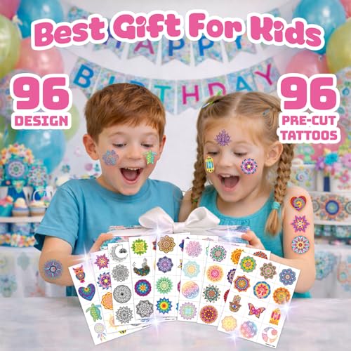 96 Pcs Mandala Temporary Tattoos for Kids - Pre-Cut