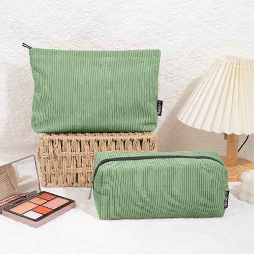 MAGEFY Makeup Bag 2 PCS Corduroy Make up Bag for Purse Travel Cosmetic Bag for Women Small Makeup Pouch Cute Makeup Brush Bag Preppy Stuff Travel Essentials - Green