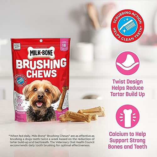 Milk-Bone Original Brushing Chews, 18 Mini Daily Dental Dog Treats (Pack of 5) Scrubbing Action Helps Clean Teeth