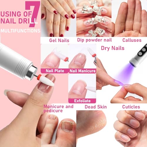 Electric Nail Drill Kit with U V Nail Lamp,Portable Cordless Electric Nail File with Display Screen,9 Speeds Professional Manicure Pedicure Polishing 12-in-1 Nail Drill Kit for Home and Salon Use