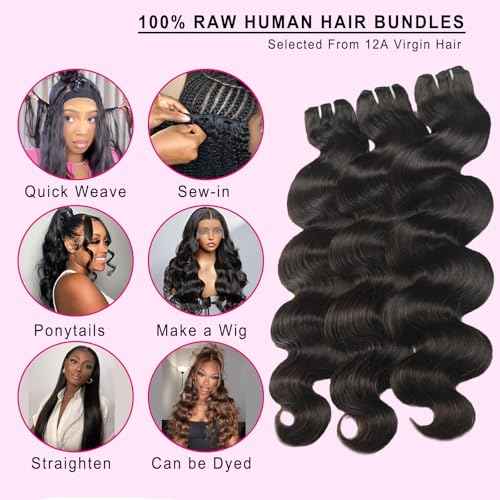12A Human Hair Bundles Body Wave Bundles Human Hair 100% Unprocessed Brazilian Virgin Bundles Body Wave Real Human Hair Extensions Natural Black 26 Inch