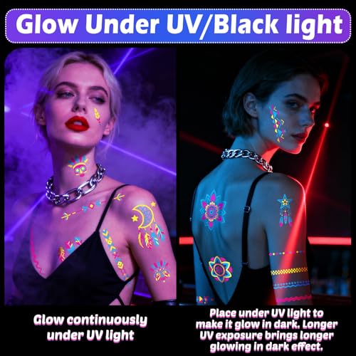 Glow in the Dark Temporary Tattoos 256 PCS – Neon UV Body Art