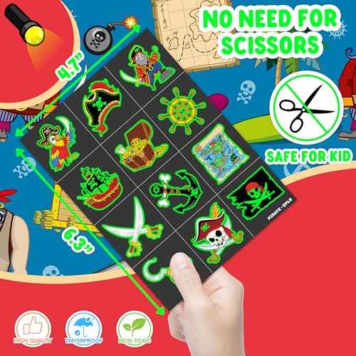 96 PCS Pirate Ship Nautical Pre-Cut Luminous Glow in the dark Temporary Tattoos for Kids | Super Cute Theme Birthday Party Favors Supplies Decorations, Treasure Fake Tattoos Gifts for Boys Girls