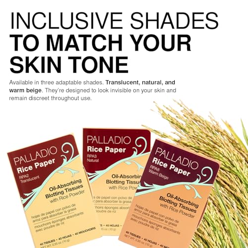 Palladio Rice Paper Facial Tissues for Oily Skin, Face Blotting Sheets Made from Natural Rice, Oil Absorbing Paper with Rice Powder, 2 Sided, Instant Results, Natural, 40 Count, Pack of 1