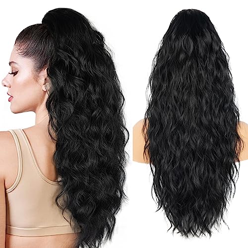 26 Inch Drawstring Ponytail Extension - Wavy Black Hair