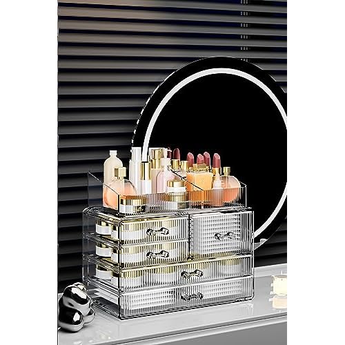 ZHIAI Stackable Storage Drawers, Acrylic Bathroom Counter Organizer Clear Makeup Organizers for Vanity, Kitchen Cabinets, Bathroom, Undersink, Home Organization and Storage (2Top 3 Drawers,)