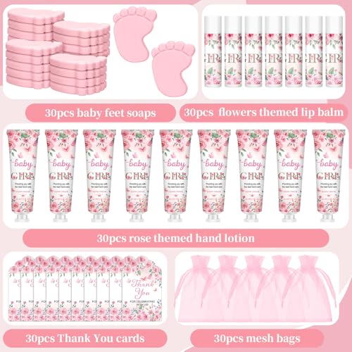 Loopeer 30 Set/150 Pcs Pink Flowers Baby Shower Favors for Guests Gifts Hand Cream Lip Balm Soap Party Favors Gifts Travel Size with Organza Bags, Thanks You Card for Baby Shower Birthday Wedding