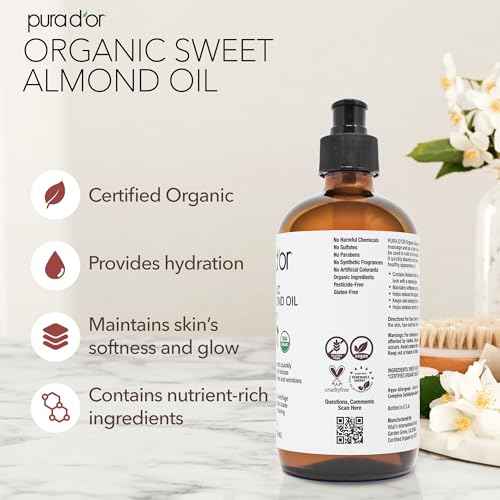 PURA D'OR 16.9 Oz ORGANIC Sweet Almond Oil (GLASS BOTTLE) 100% Pure & Natural USDA Certified Cold Pressed Carrier Oil For DIY Beauty - Non-Greasy, Unscented, Hexane Free Moisturizer - For Hair & Skin