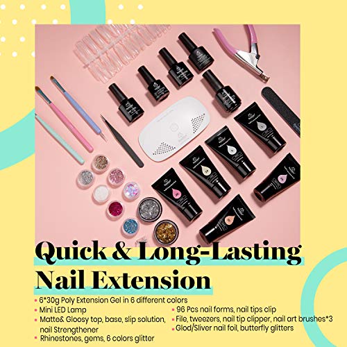 Beetles Poly Extension Gel Nail Kit, 6 Natural Skin Tone 30g gel with Mini Nail Lamp Slip Solution Rhinestone Glitter Nail Art Brush All In One Kit for Nail Manicure Starter Kit Gift for Women