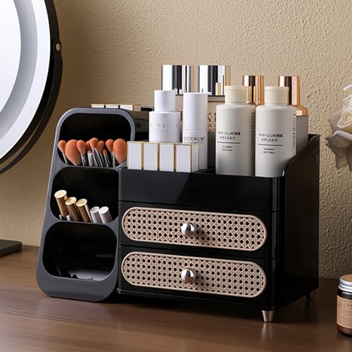 Aveniee Makeup Organizer with Drawers, Large Bathroom Countertop Organizer for Vanity, Desk Cosmetics Storage for Perfume Brushes Skincare Eyeshadow Lotions Lipstick-Black
