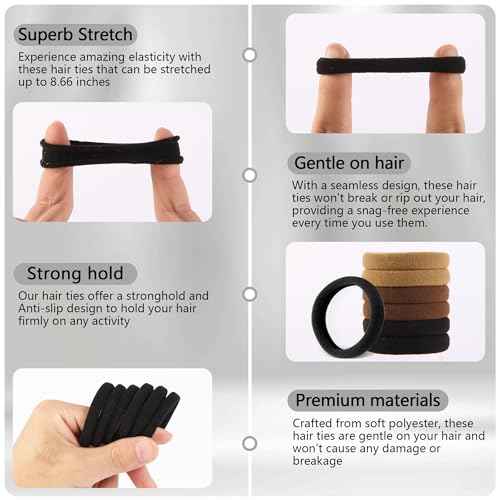 120 Pcs Black Hair Ties No Damage for Women, Ponytail Holders for Thick Hair, Seamless Cloth Fabric Soft Hair Bands for Women's Hair, Hair Elastics Pony Tails Hair Tie Hair Band (Black)