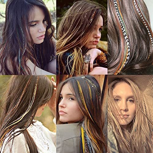 Hair Feathers Extensions Kit 50 Strands 16 Inches Colored Synthetic Polyester Fiber Wig Straight & Rooster & Peacock Feather Earrings with Simple Tools for Women Girls Christmas Party Hair Accessories