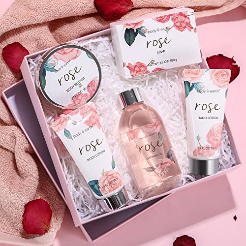 Bath and Body Gift Set for Women, Body & Earth 5 Pcs Rose Spa Set Gifts for Women, Self Care Kit, Lotion Sets for Women, Mothers Day Gifts