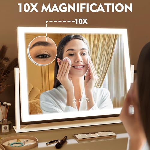 ROLOVE Lighted Makeup Mirror 16.3"x12.6", Hollywood Vanity Mirror with 10X Magnifier, 3 Color LED Lighting Modes, Smart Touch Control & 360¡Æ Rotation, Tabletop Makeup Mirror (White, Gift Ready)